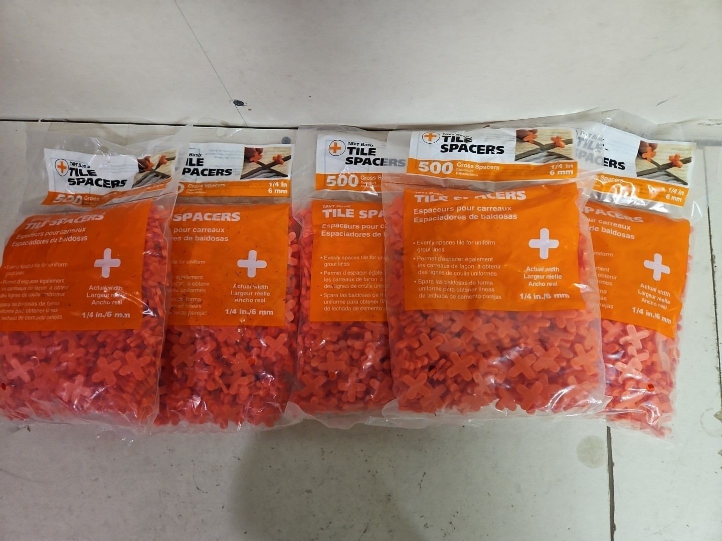 Tavy Basix Tile Spacers 1/4in 6mm 500 Cross Pcs Orange Plastic 5 bags/2500 Pcs