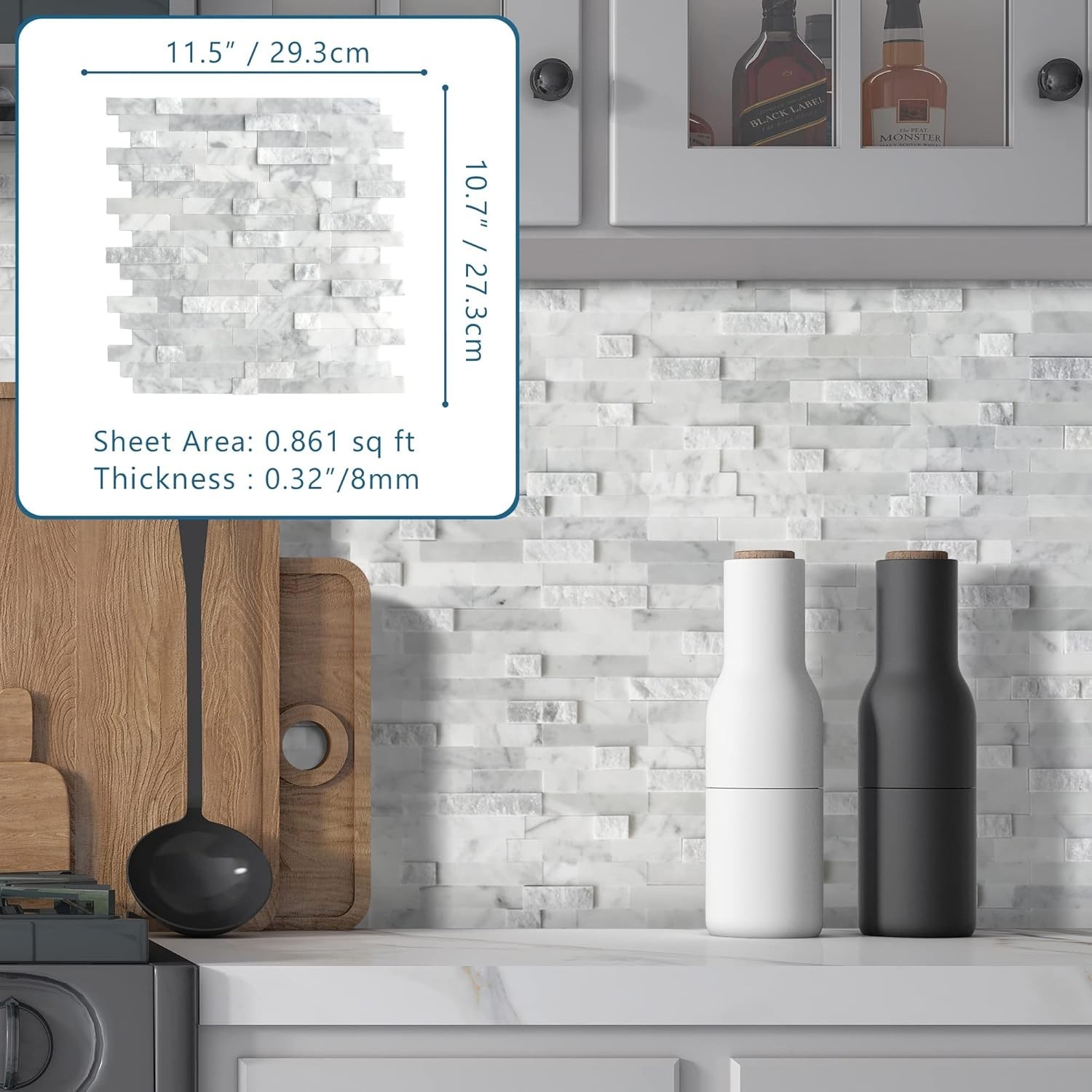 SUNWINGS 5-Sheet Peel and Stick Mosaic Natural 3D Stone Self Adhesive Marble Til