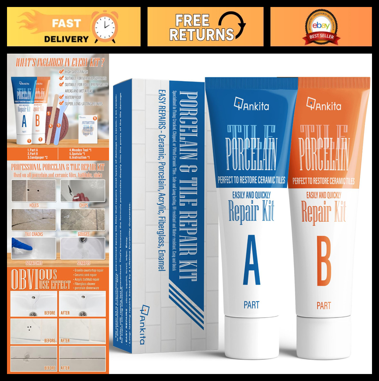 High-Gloss Porcelain Repair Kit for Sinks, Tiles & Tub – Fix Chips & Cracks Fast