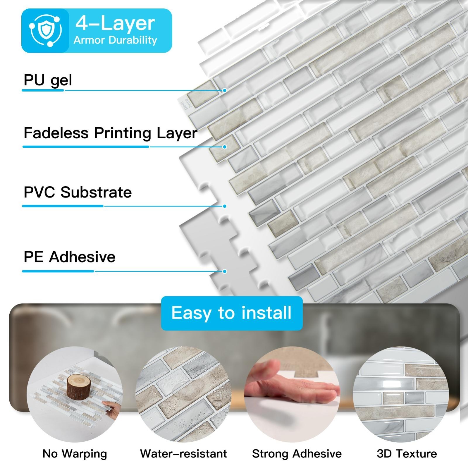 10pcs Peel and Stick Backsplash Thickened Tiles, 12”x12”, Cover 10 Sq.Ft.
