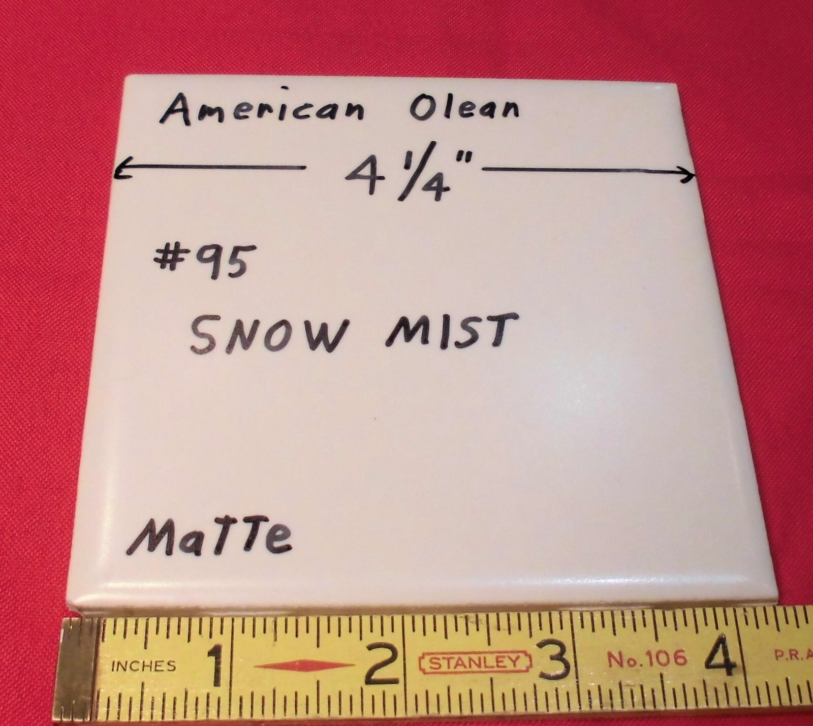 1 pc. Snow Mist: 4-1/4″ Matte White Ceramic Tile: American Olean, 1950’s-80’s