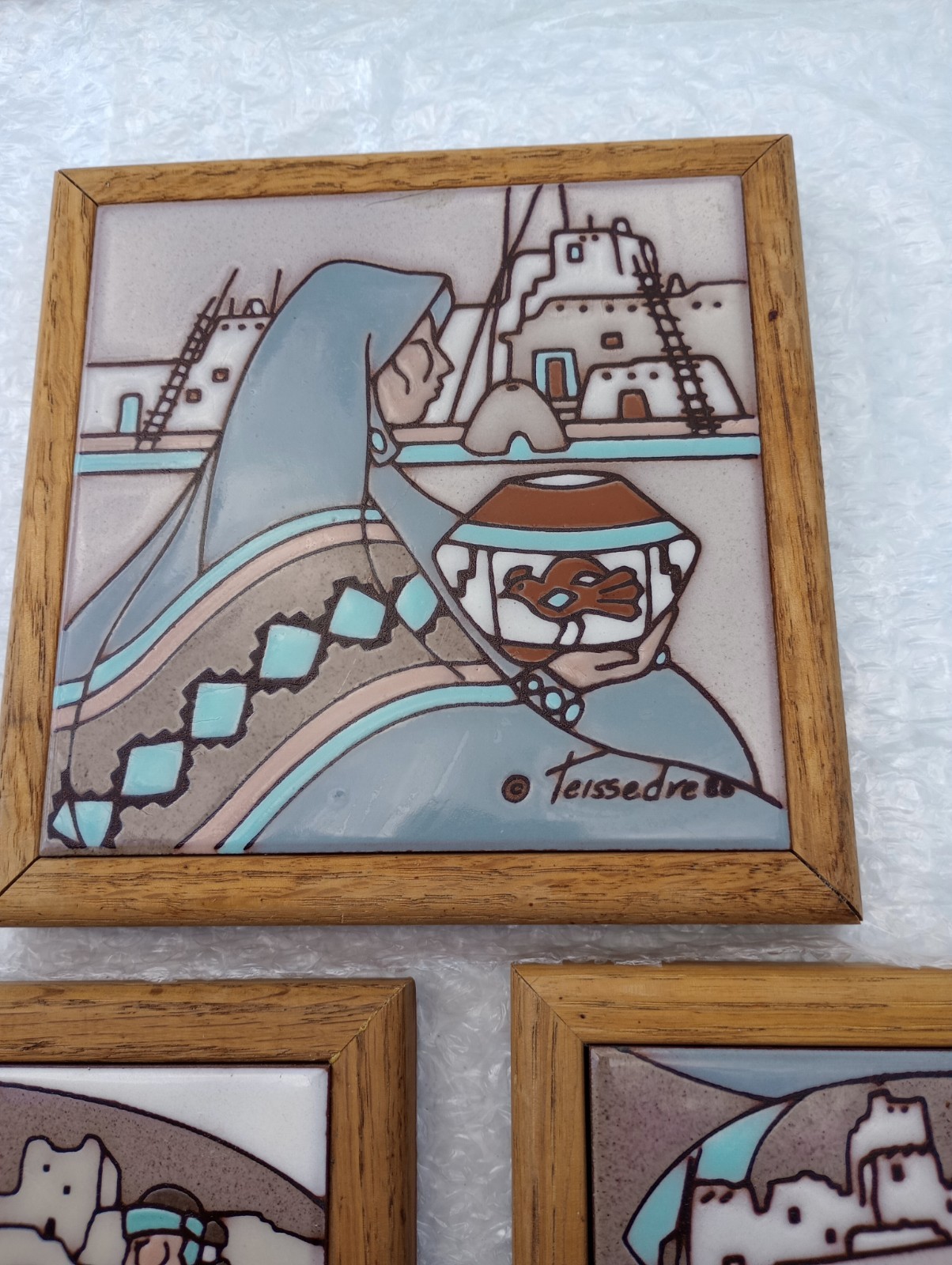 Vintage Cleo Teissedre Tiles Framed Trivets Wall Art Native American