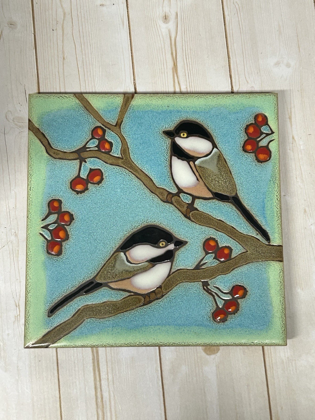 Blue Pacific Trivet Tile Chickadees Berries Hand Painted Hot Plate Wall Art 6”