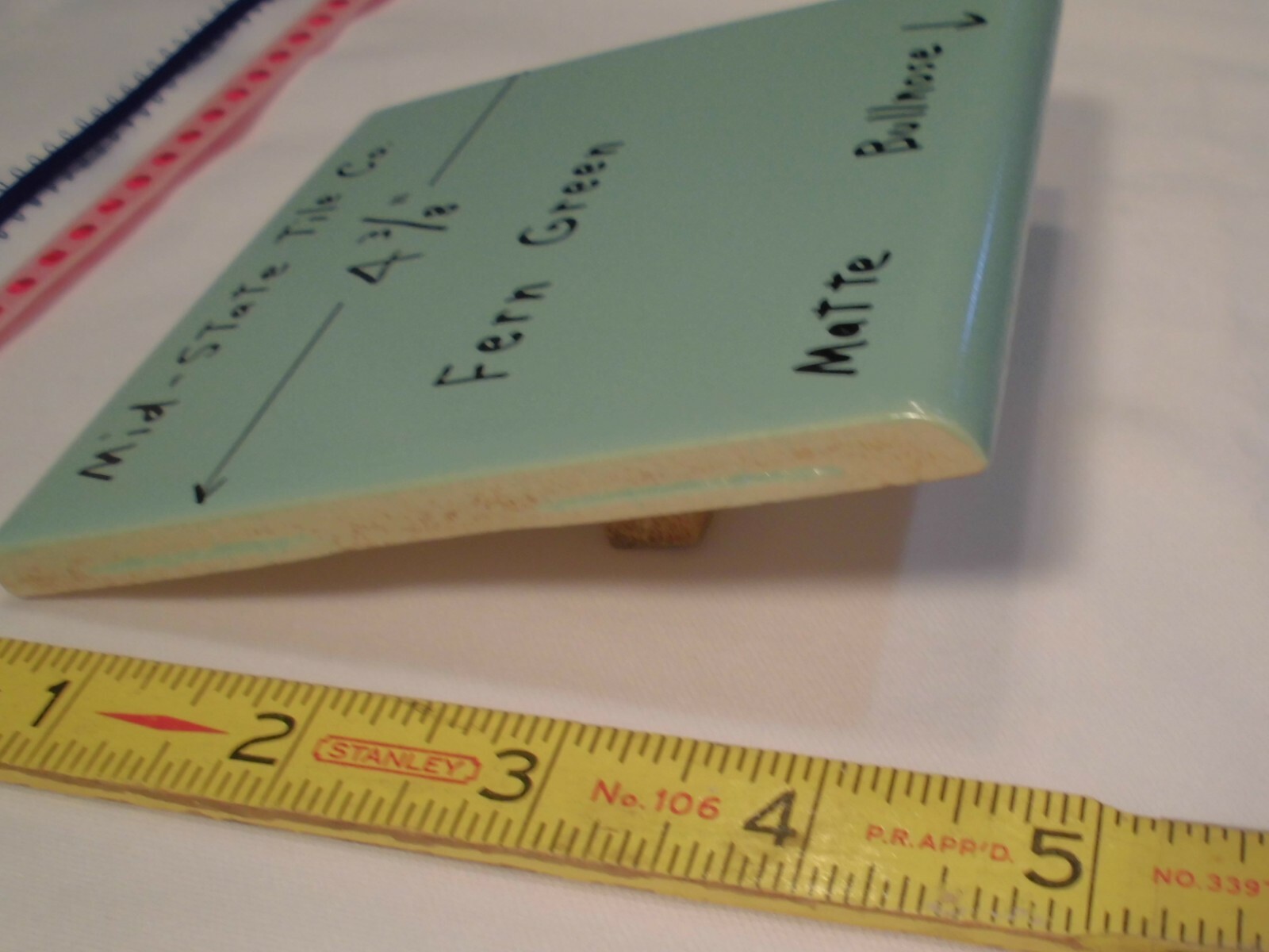 1 pc. Fern Green; Matte Bullnose Ceramic Tile 4-3/8″ by Mid-State Co. NOS