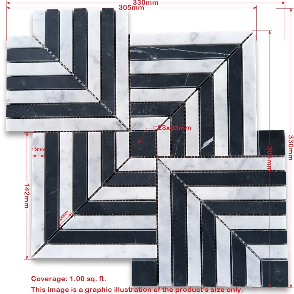 C7K1XH Carrara White Nero Marquina Black Marble Maze Square Weave Mosaic Tile