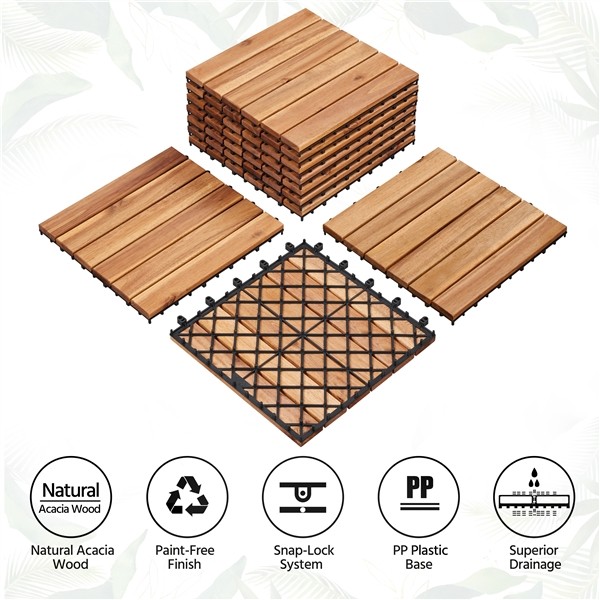 Pack of 10 Waterproof Acacia Wood Interlocking Flooring Tiles for Garden, Used
