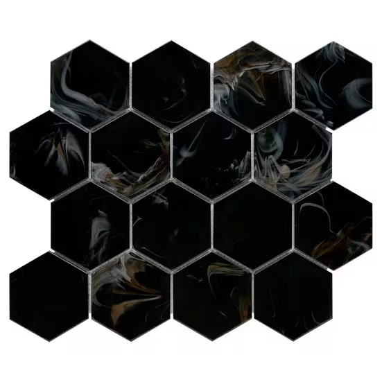 Montage Caviar Hexagon Glass Mosaic Wall Tile, 12×12 Sheet