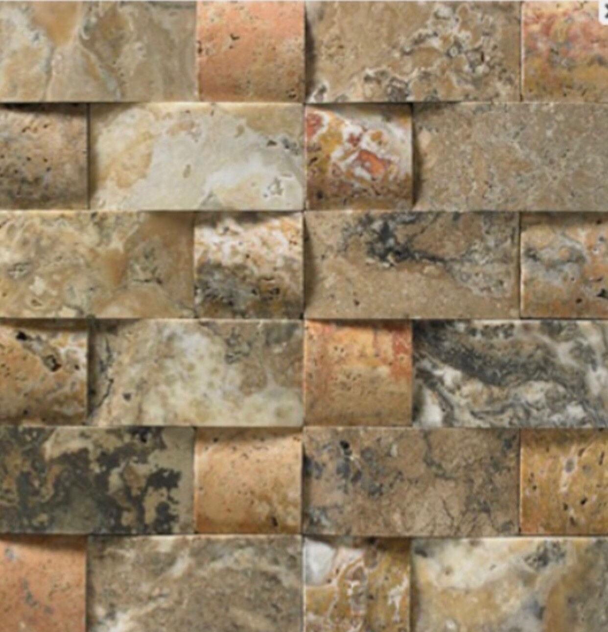 Travertine domed mosaic tile, 12”x 12”x 7/16”, from Florida Tile.
