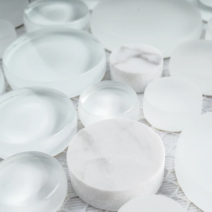 BUBW-02 White Glass And Carrara Bubble Mosaic Tile, 10-1/2″ x 10-1/2″ x 8mm, NEW