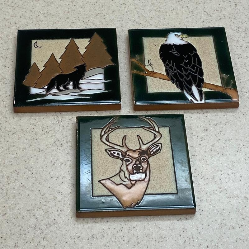 Forest Animals Wildlife Ceramic Tile Coasters Wolf Bald Eagle Deer Lot of 3