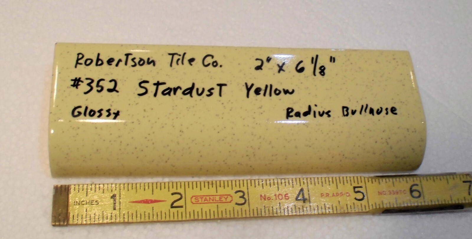 1 pc. *Stardust Yellow* Ceramic Tile; 2″ X 6-1/8″ Radius Bullnose; by Robertson