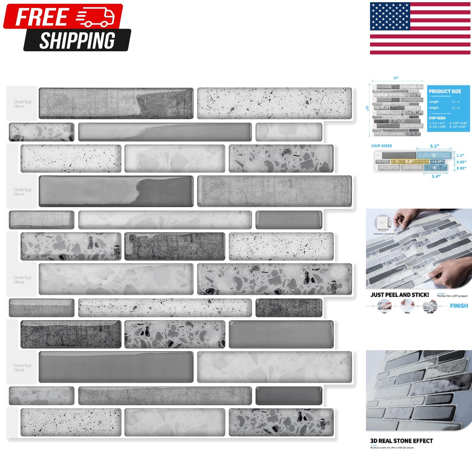 Self-Adhesive Grey Stone Marble Wall Tiles – 10 Piece Kitchen Backsplash Set