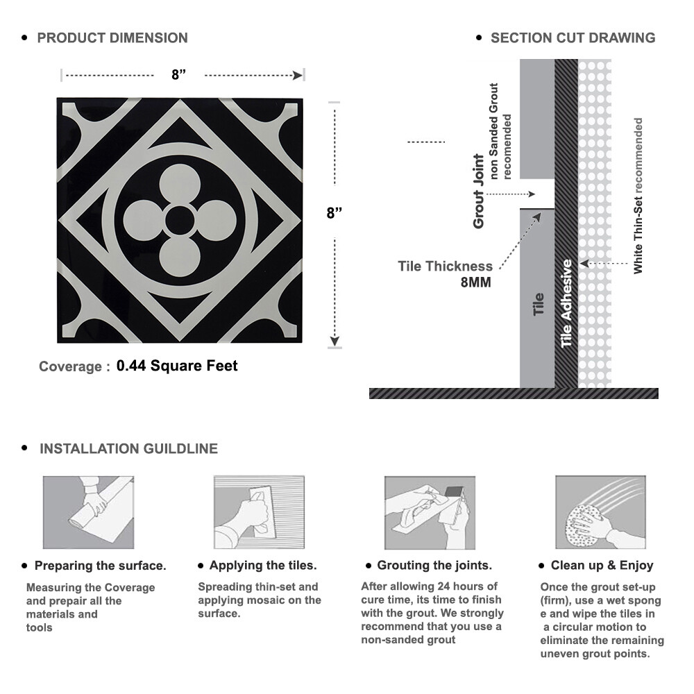 8” x 8” Black and White Moroccan Modern Glass Mosaic Tile Kitchen Backsplash