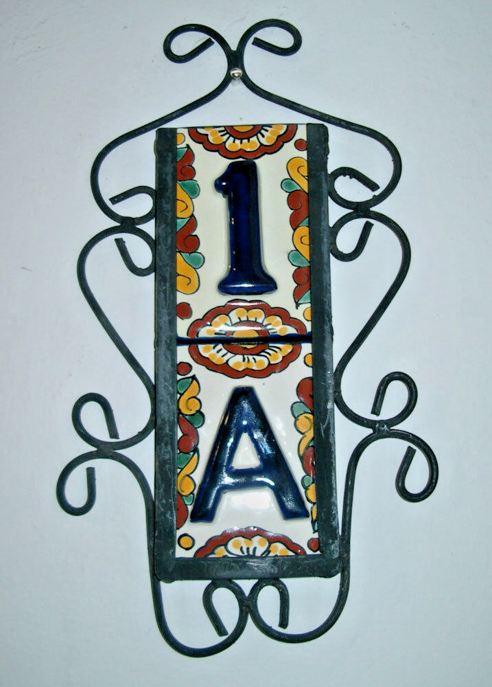 2 BLUE Mexican Tiles House Numbers High Relief & Vertical Frame