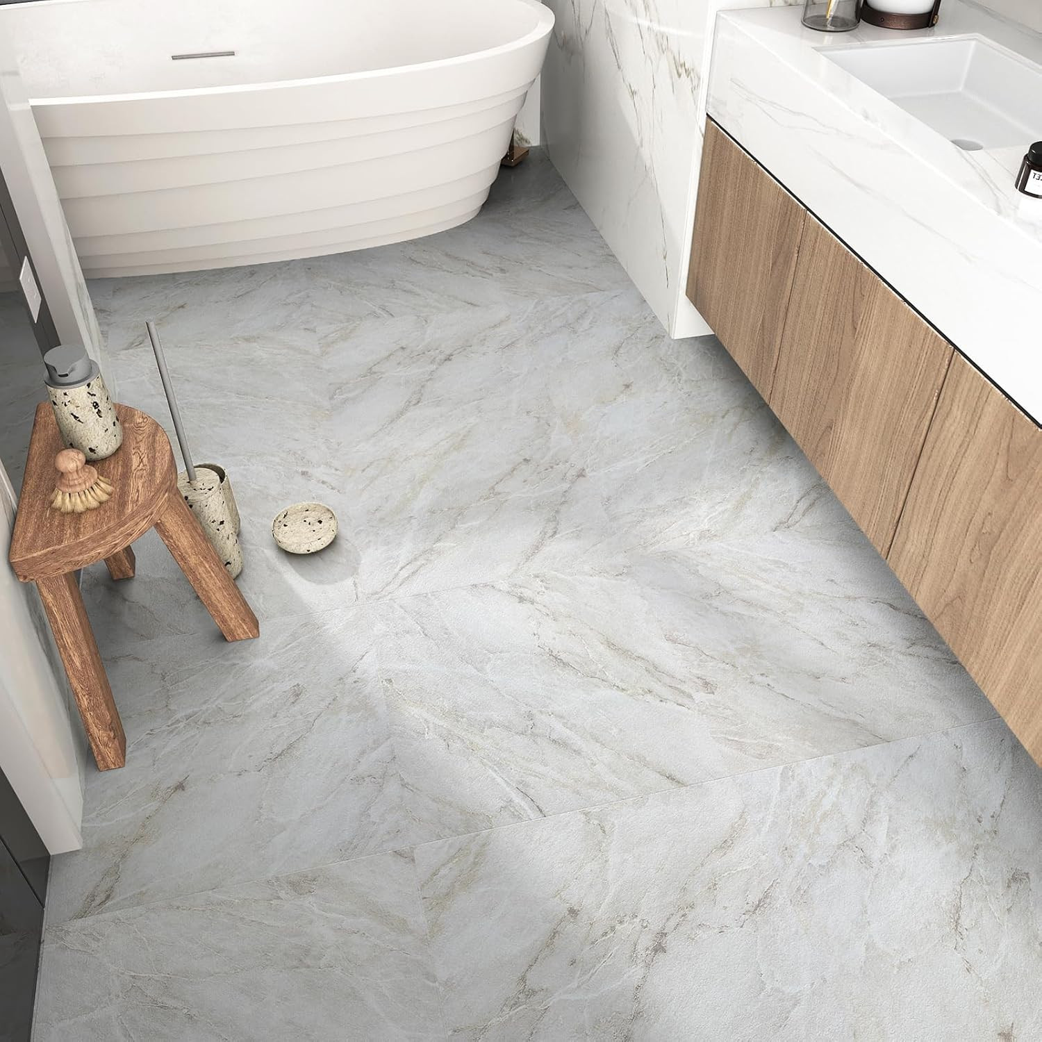 White Marble Peel and Stick Floor Tile Bathroom Waterproof Marble Flooring Tiles