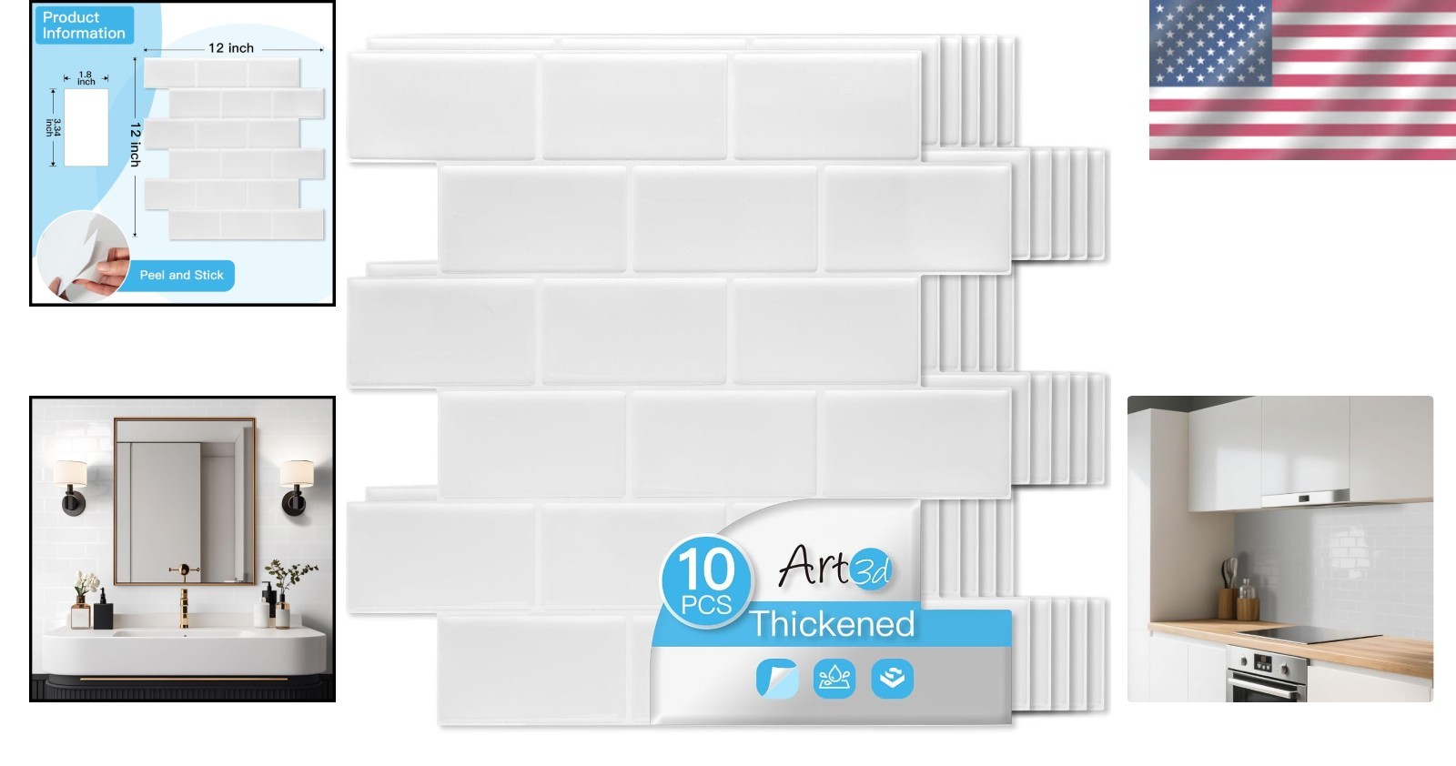 Modern Peel and Stick Tiles – 12″x12″ Thicker White Washed for Kitchen & Bath