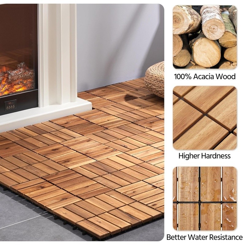 Acacia Wood Interlocking Patio Tiles Non-Slip Outdoor Flooring 11.81×11.81in New