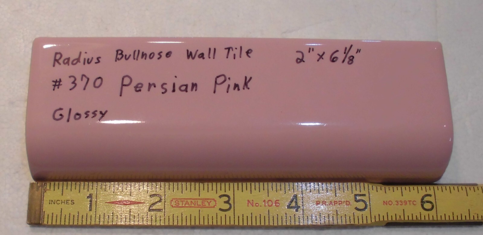 1pc. Persian Pink: Glossy Ceramic Radius Bullnose Tile 2″ X 6-1/8″ New Old Stock