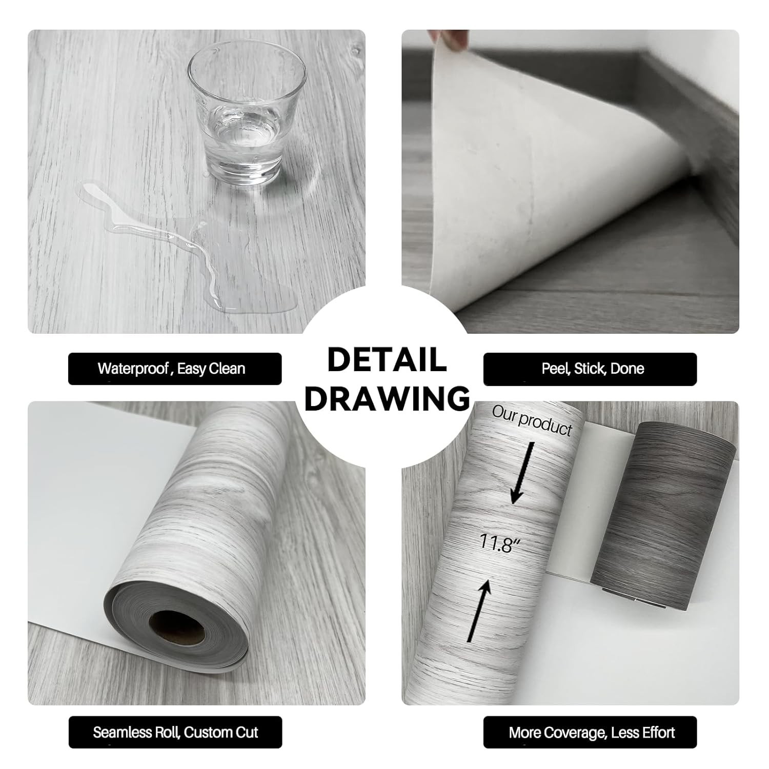 Wood Grain Peel and Stick Floor Tiles – 11.8” Width, Full Roll Length of 118″…