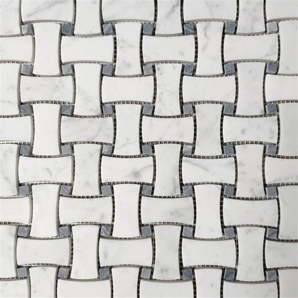 C677XH Carrara White Marble DogBone Basketweave Mosaic Tile Grey Dots Honed