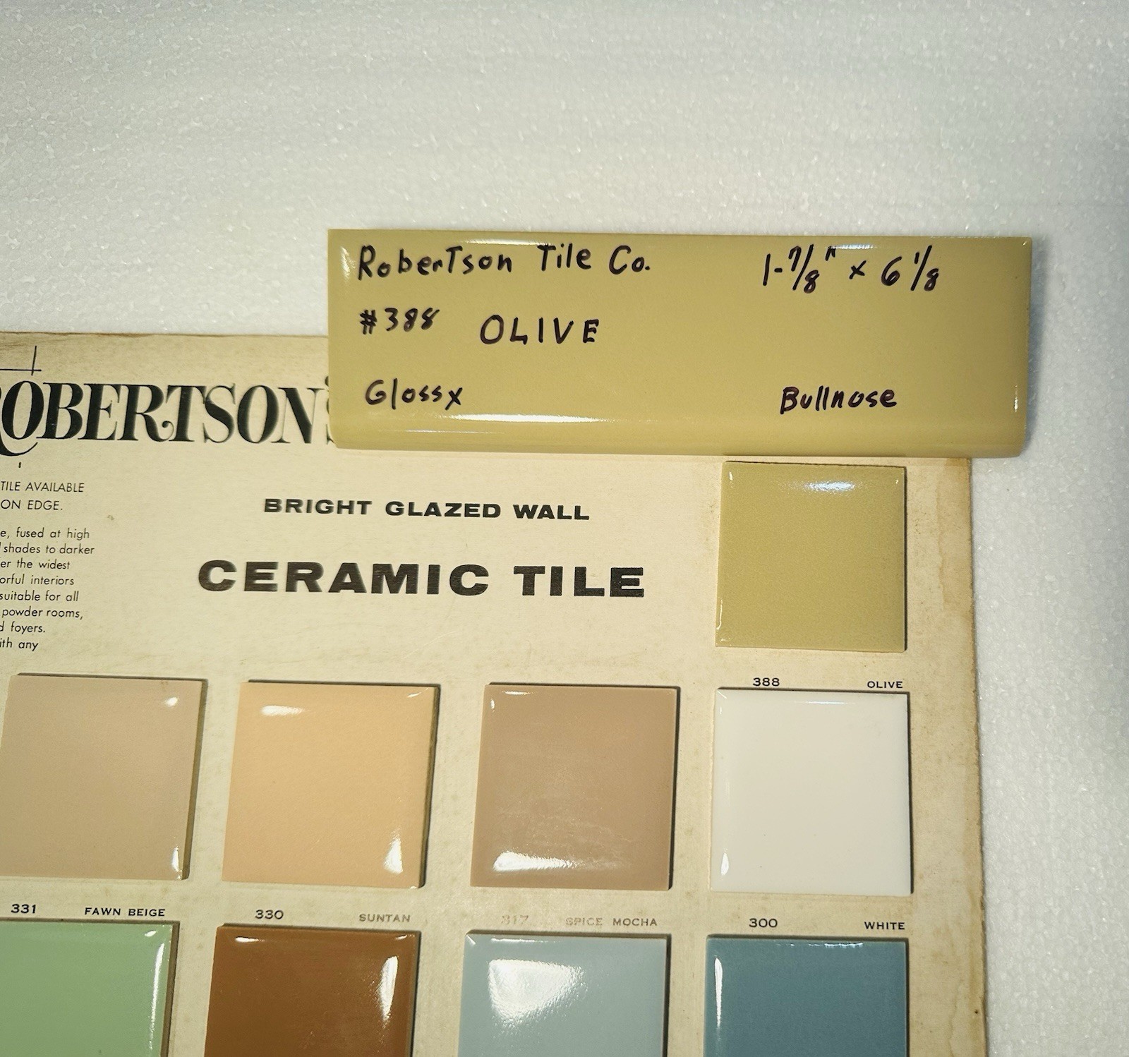 1 pc. Olive – Green: 2” X 6” Glossy Bullnose Ceramic Tile by Robertson, NOS