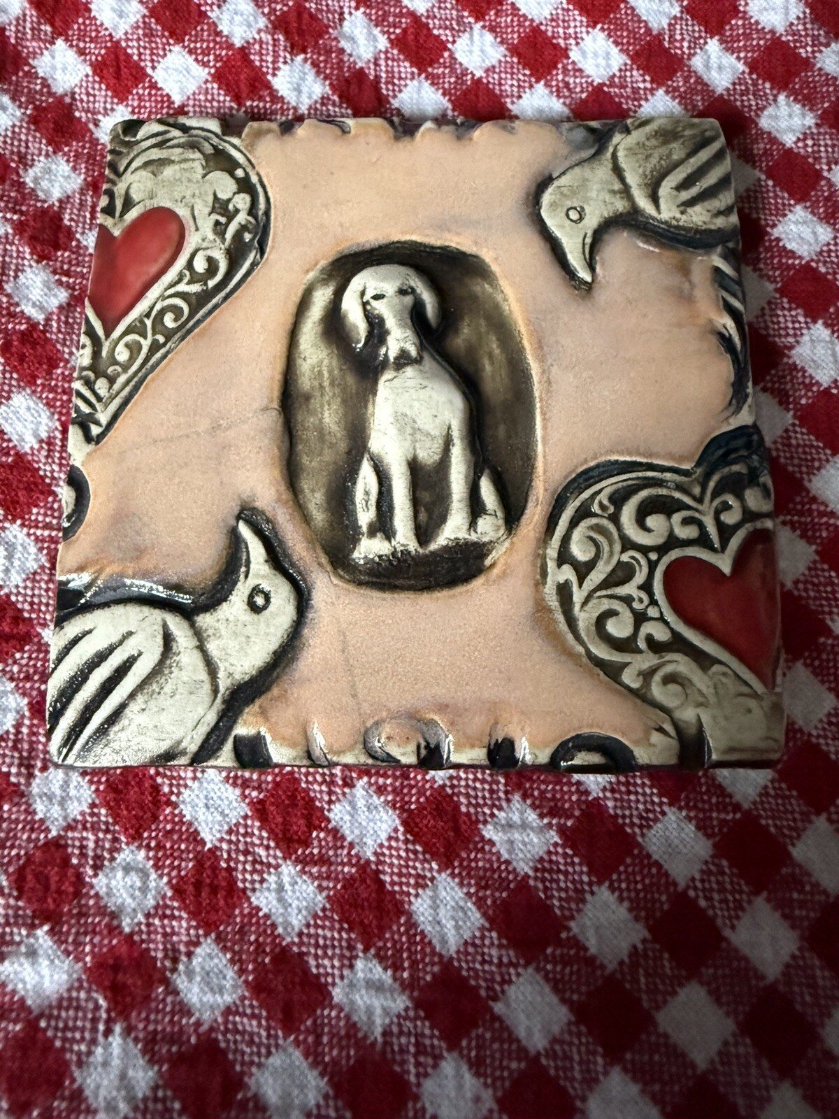 Carol Rose Dean Ceramic Art Tile Dog, birds, Heart 2008 Seattle WA 3.5″