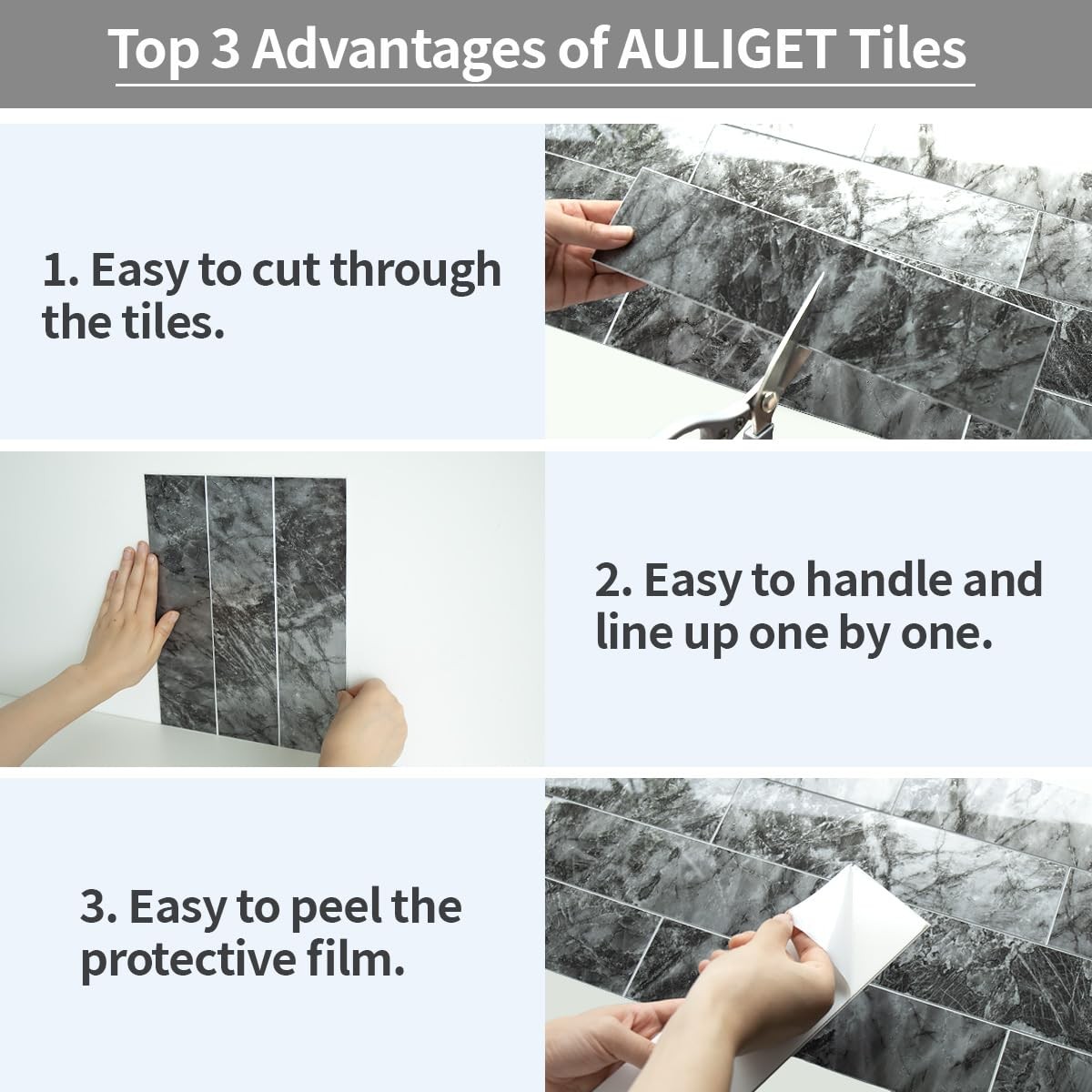 40-Piece Polished Dark Grey Marble Peel and Stick Backsplash Wall Tiles, 3″ x…