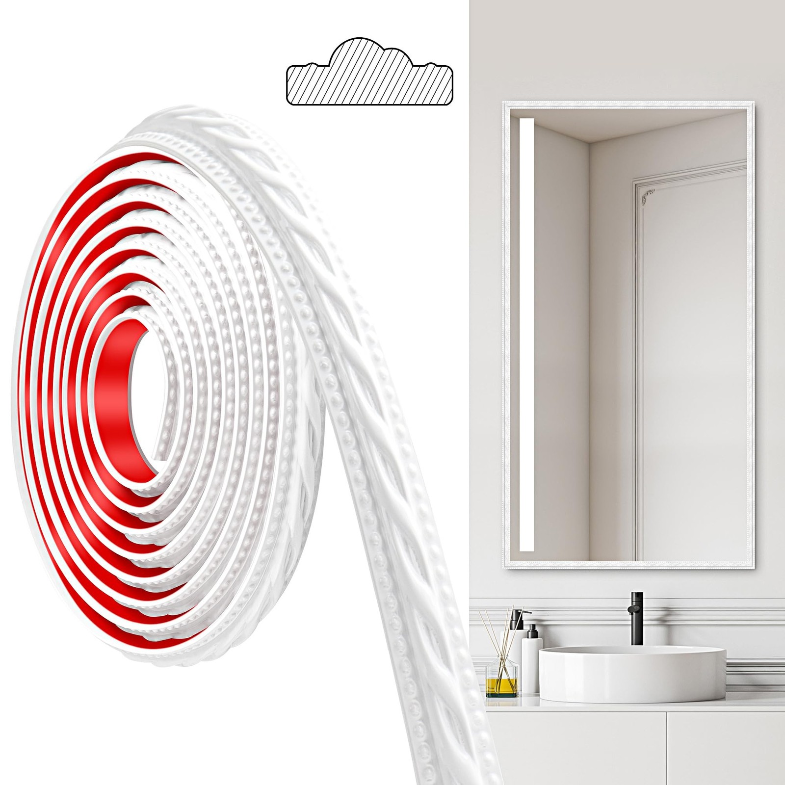 JUNART PVC Moldings Trim, 300cm×2cm, Peel and Stick Self-Adhesive, Coving f