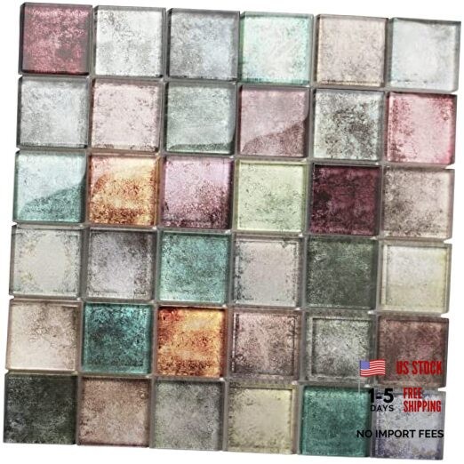 Antique 2” x 2” Glass Squared Tile Glazed Red Grey Grid Mosaic Multicolor