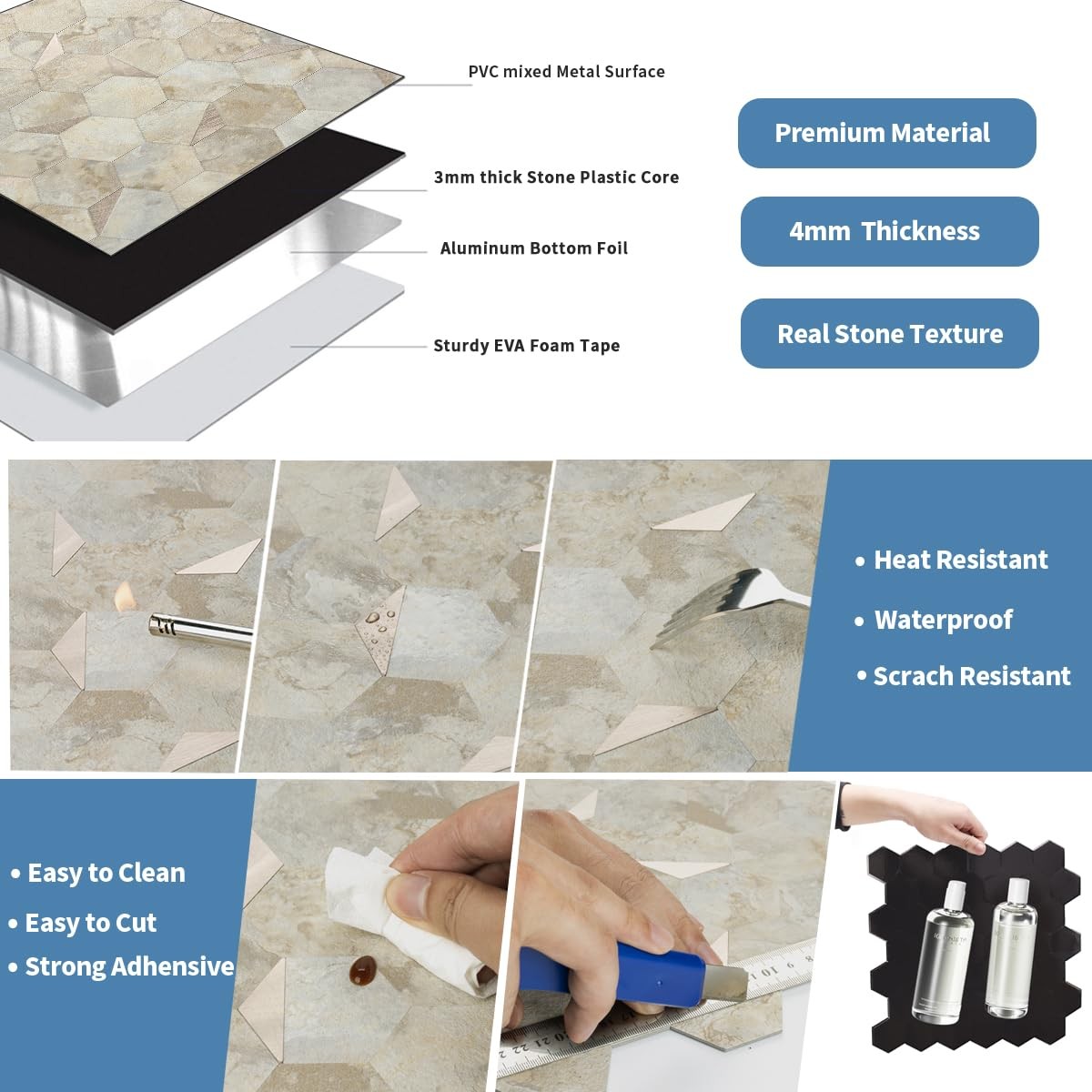 OYASIMI 10-Sheet Heavy-Duty Hexagon Peel and Stick Backsplash, Thick Waterproof