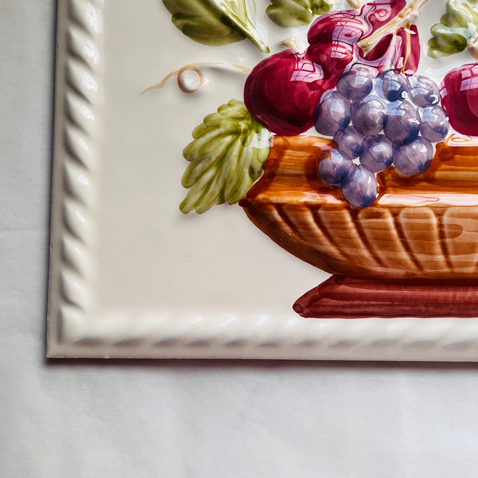 Vintage Embossed 3D Ceramic Fruit Basket Wall Tile Plaque Accent Piece Kitchen