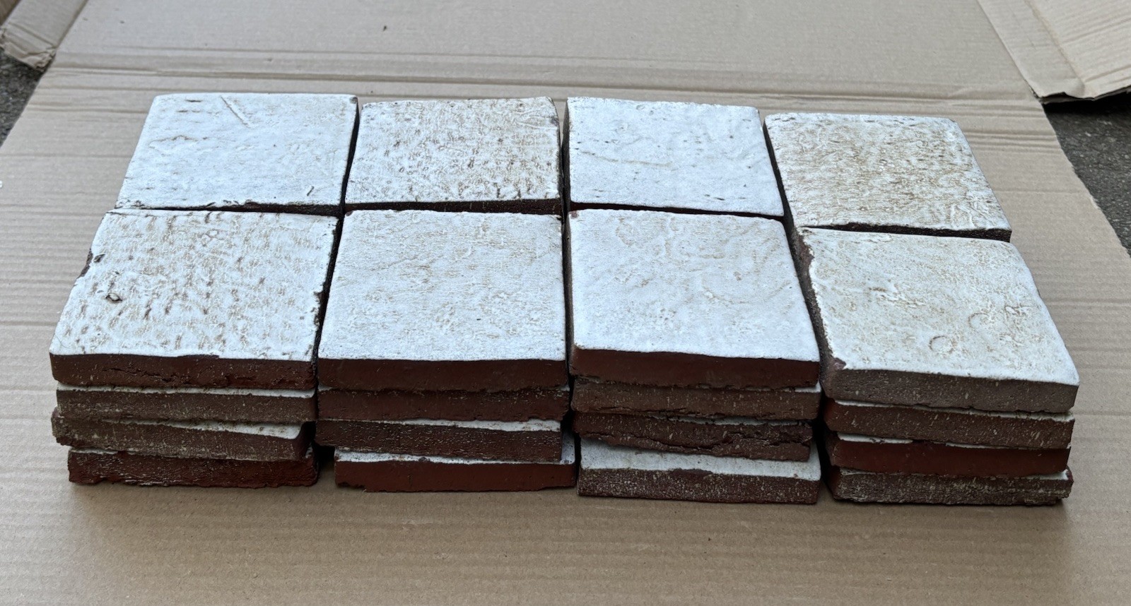 4 Vintage Hand Made Mottled Glazed Field Tile THICK 3 7/8″sq Set of 4 NOS #B