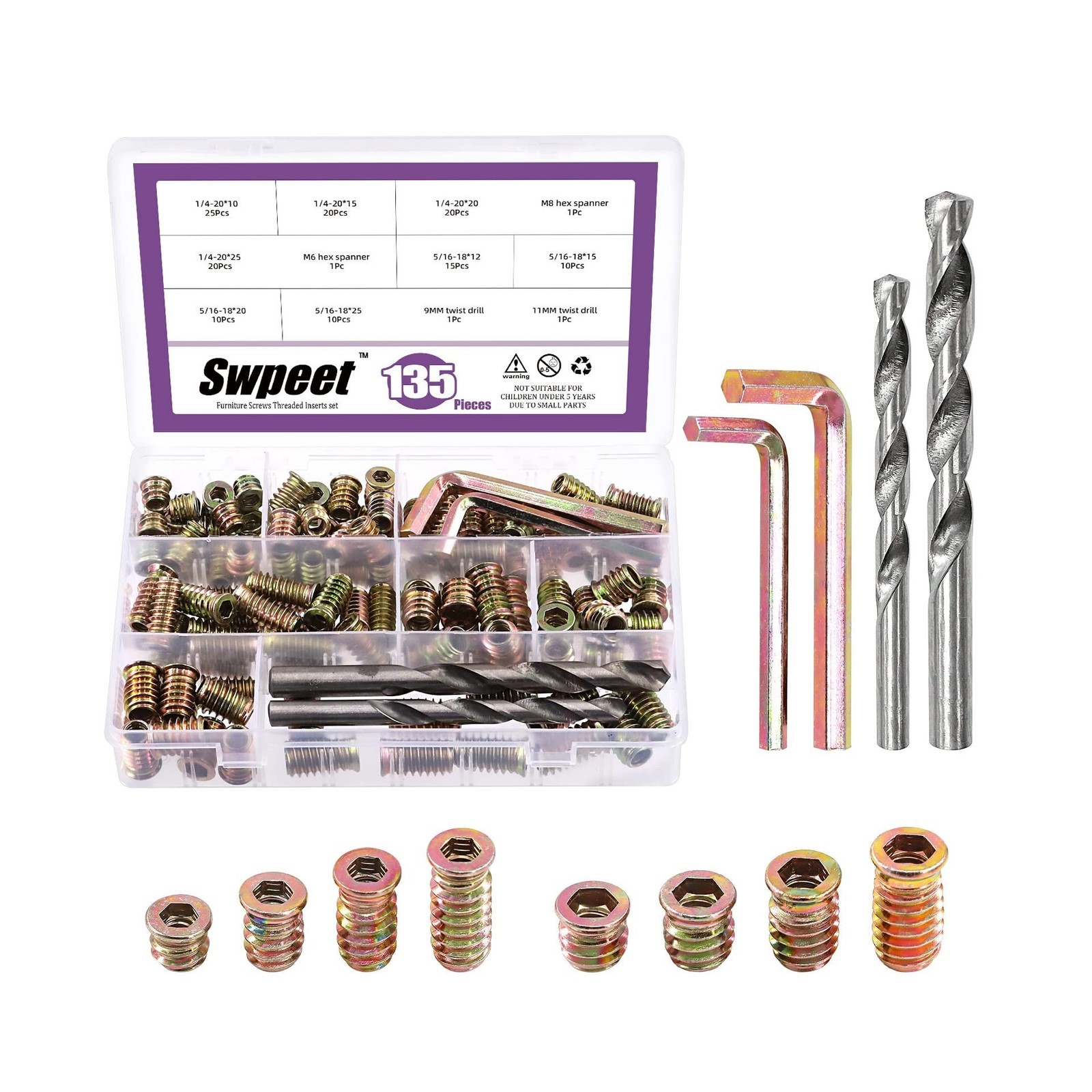 Swpeet 135Pcs 1/4″ + 5/16″ Carbon Steel Color Zinc Plated Wood … USA FAST SHIP