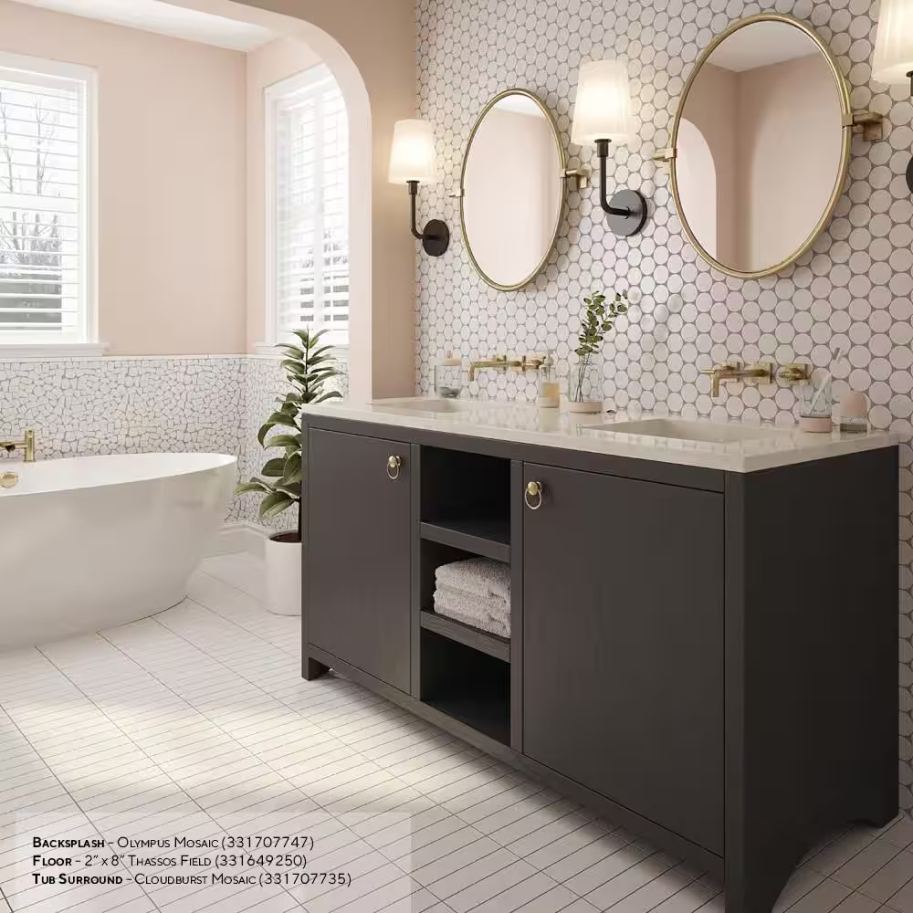 Cloudburst Thassos White 11 In. X 11 In. Pebble Honed Marble Wall and Floor Mosa