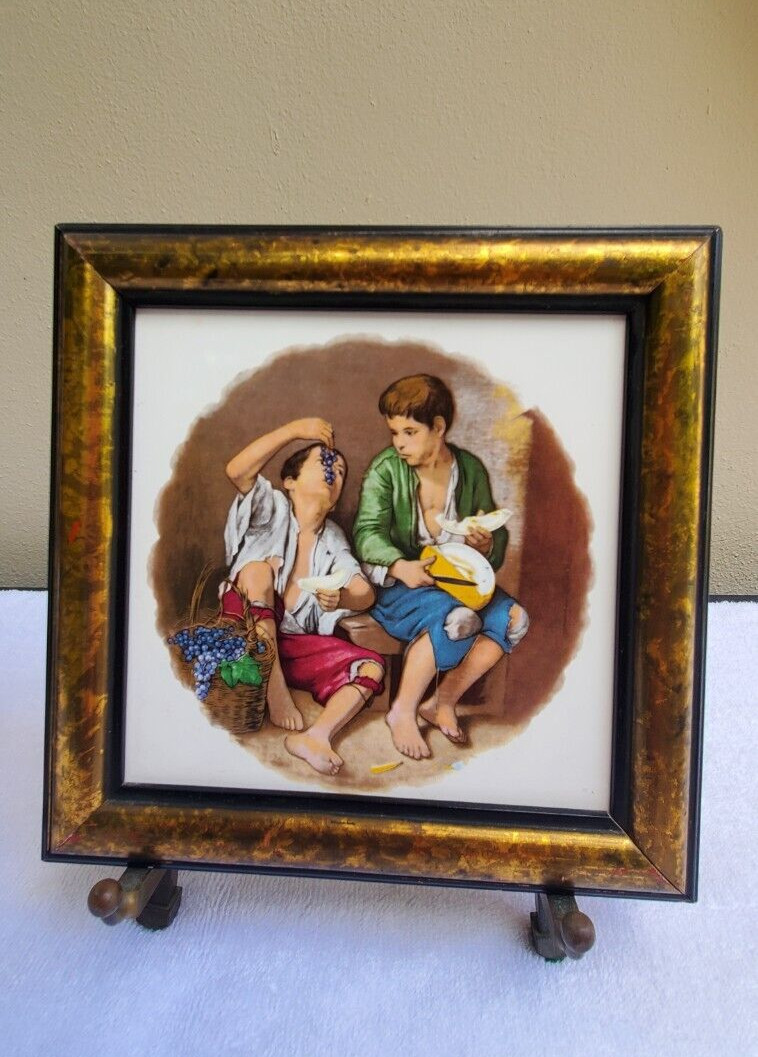 Pair H & R Johnson Ltd, Tiles figures with fruit framed made in England