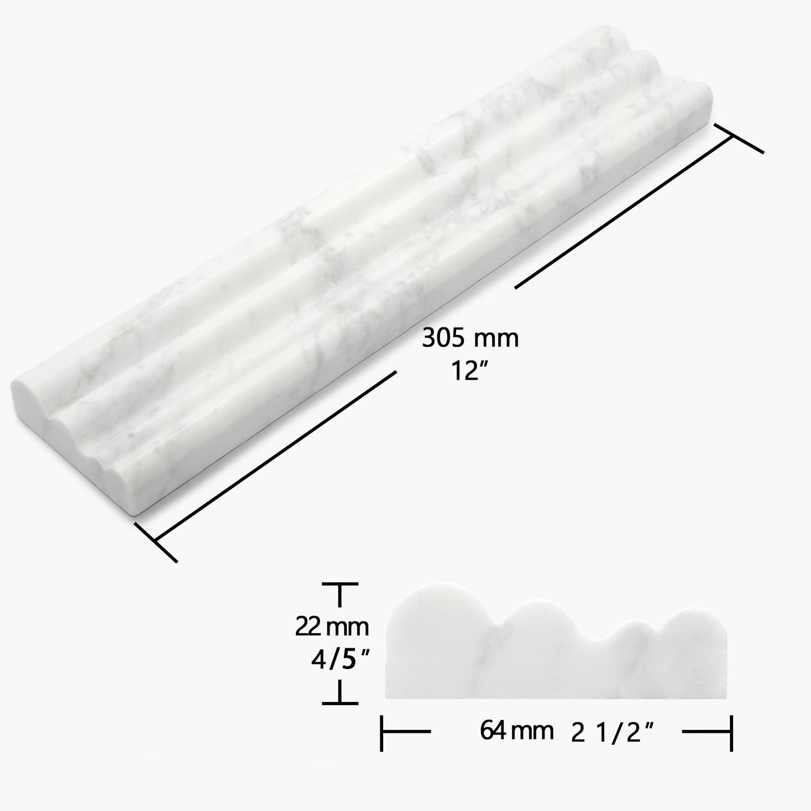 5-Pack Carrara White Marble Chair Rail Trim Molding, 2.5″ x 12″ Honed Natural…