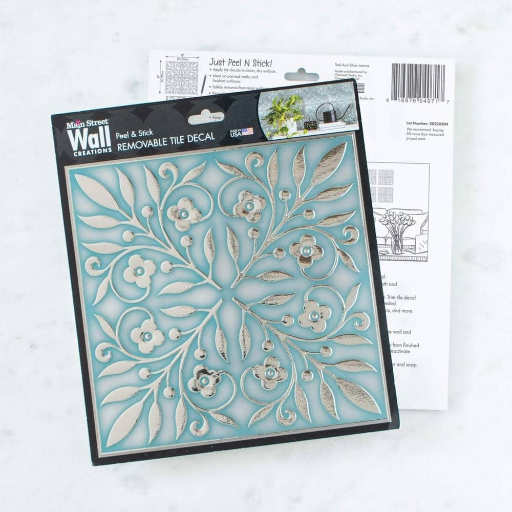 8″ X 8″ Teal and Silver Leaves Foil Peel & Stick Paper Tile Backsplash (24-Pack)