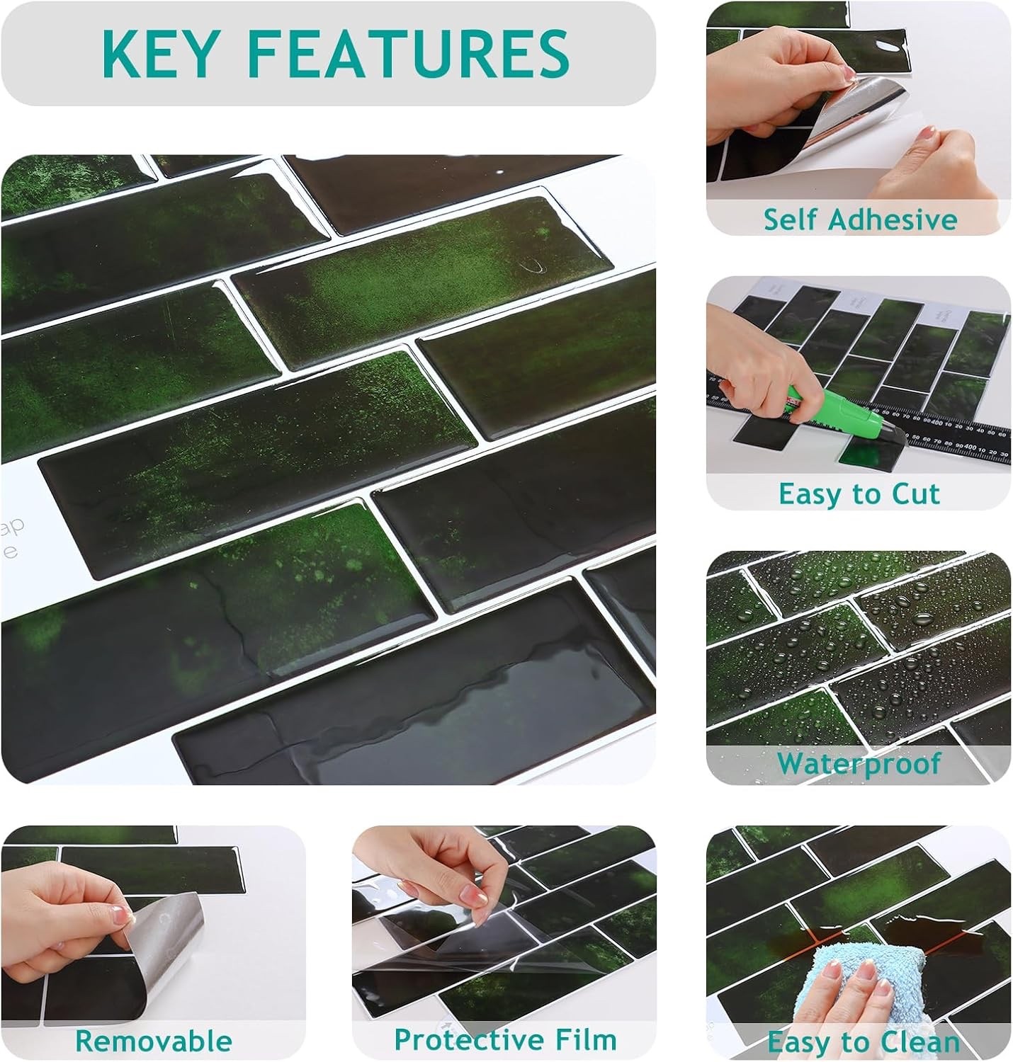 VEELIKE 24-Sheets Retro Green Subway Tile Peel and Stick Backsplash for Kitchen