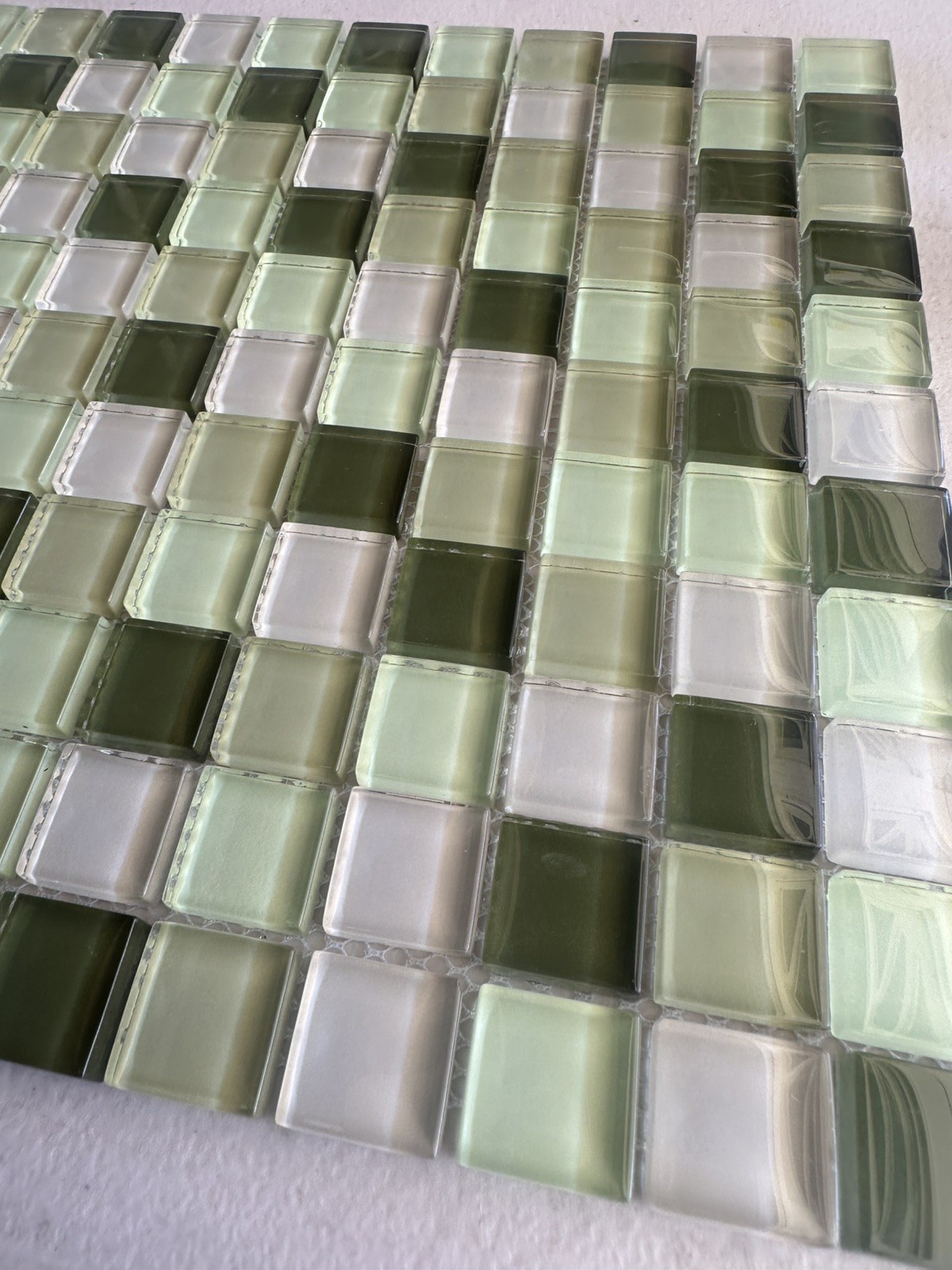 Light green Mix Glossy Glass Mosaic 1″x1″ Stacked Mesh Mounted