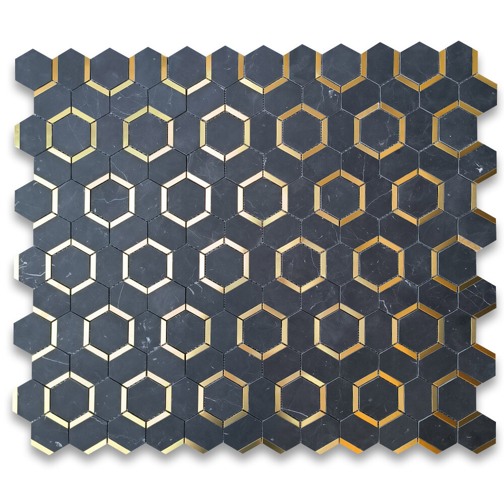 N338XH Nero Marquina Black Marble 3 inch Hexagon Mosaic Tile Honed