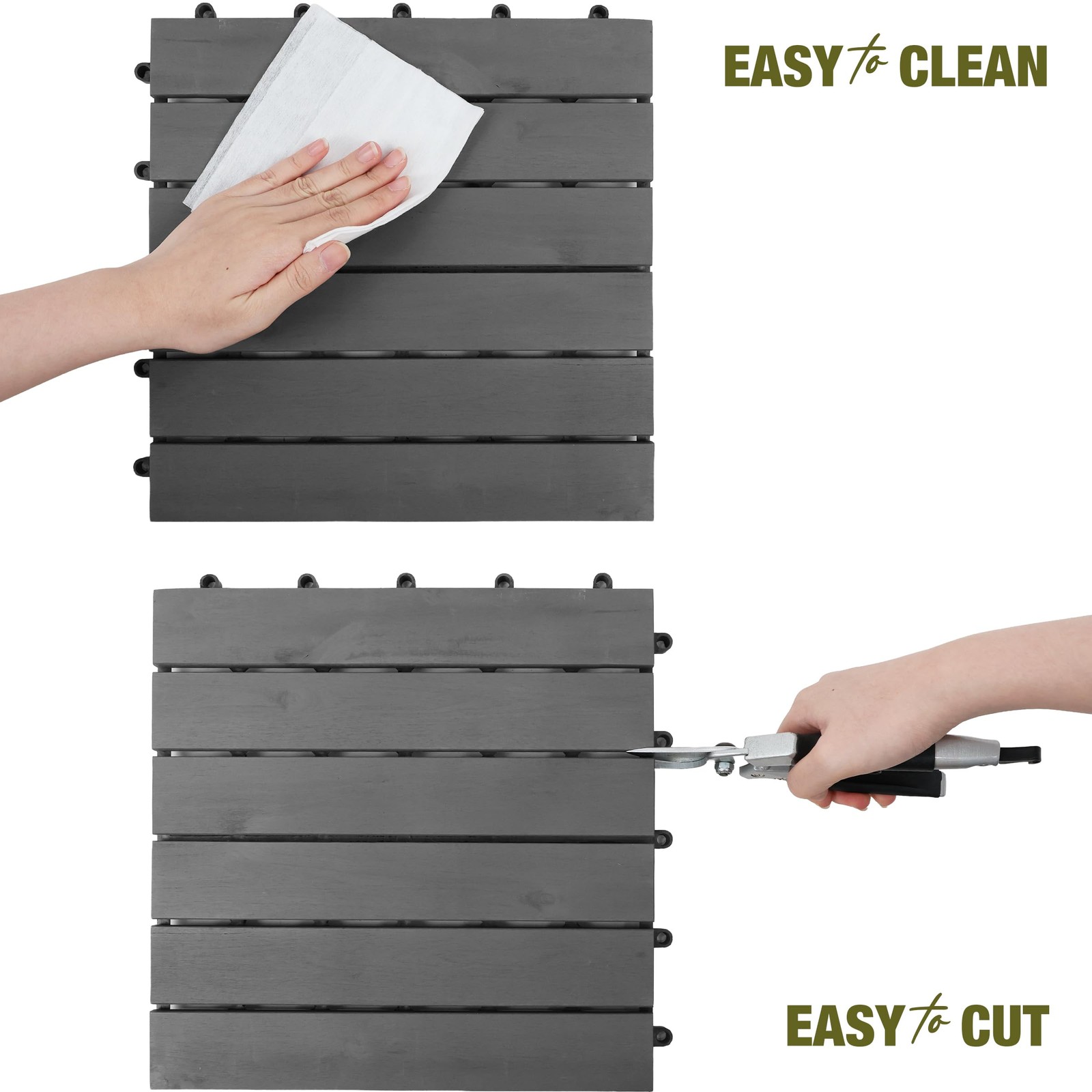 GREEN ALLUVIUM Premium Acacia Wood Interlocking Deck Tiles, 12×12 Inch, Gray