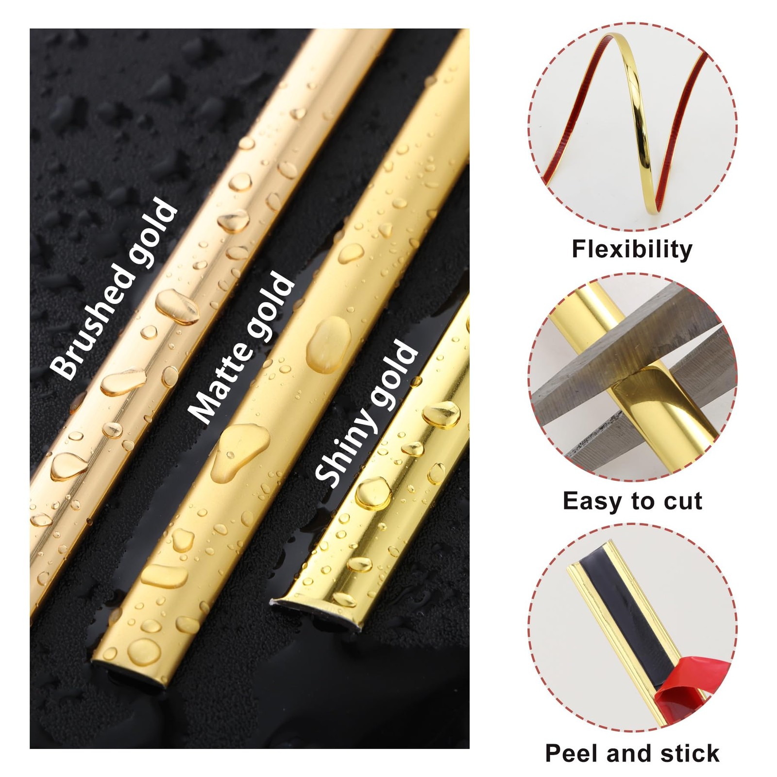 Lunghaa Peel and Stick Shiny Gold Finish Molding Trim, 393.7″ x 0.31″ Flexibl…