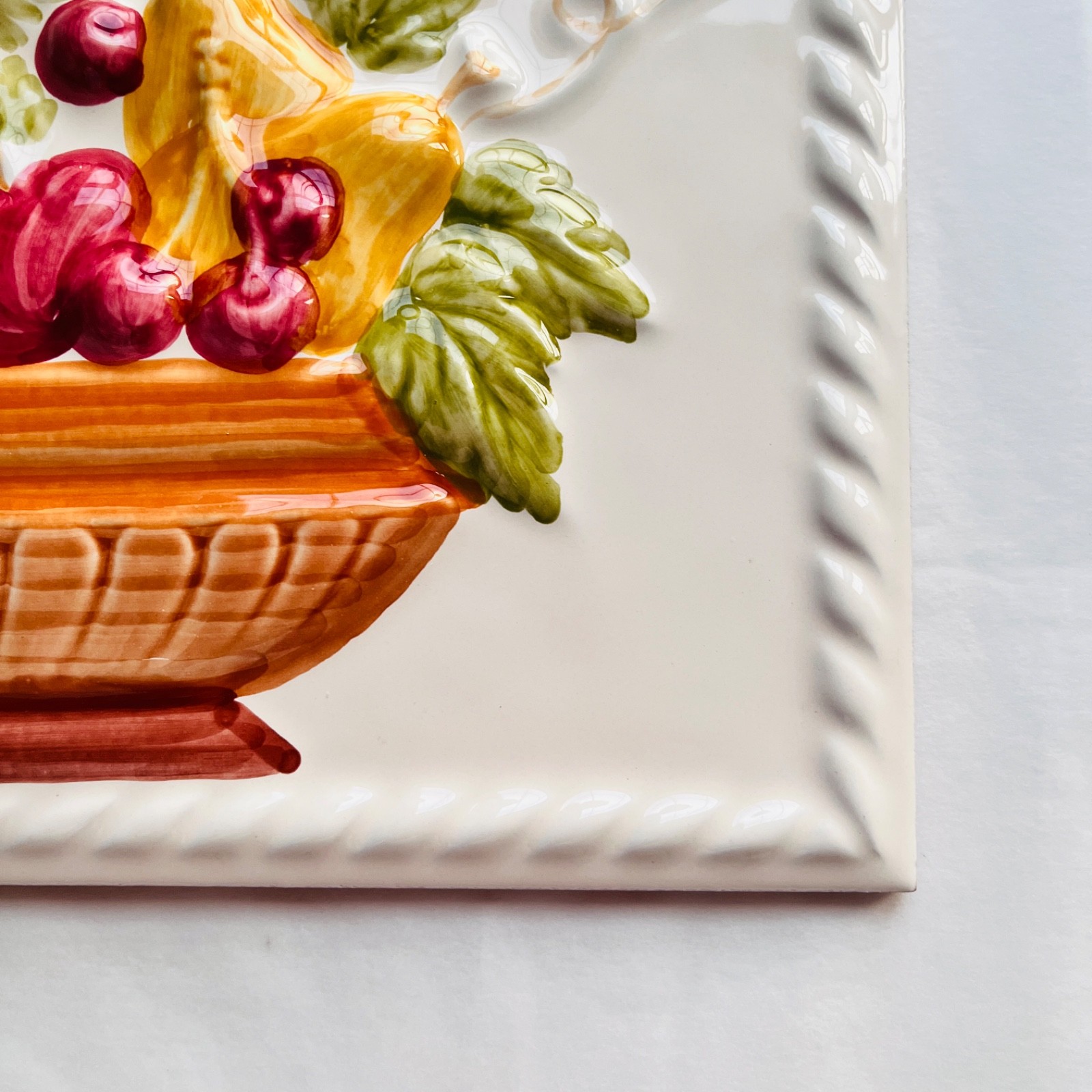 Vintage Embossed 3D Ceramic Fruit Basket Wall Tile Plaque Accent Piece Kitchen