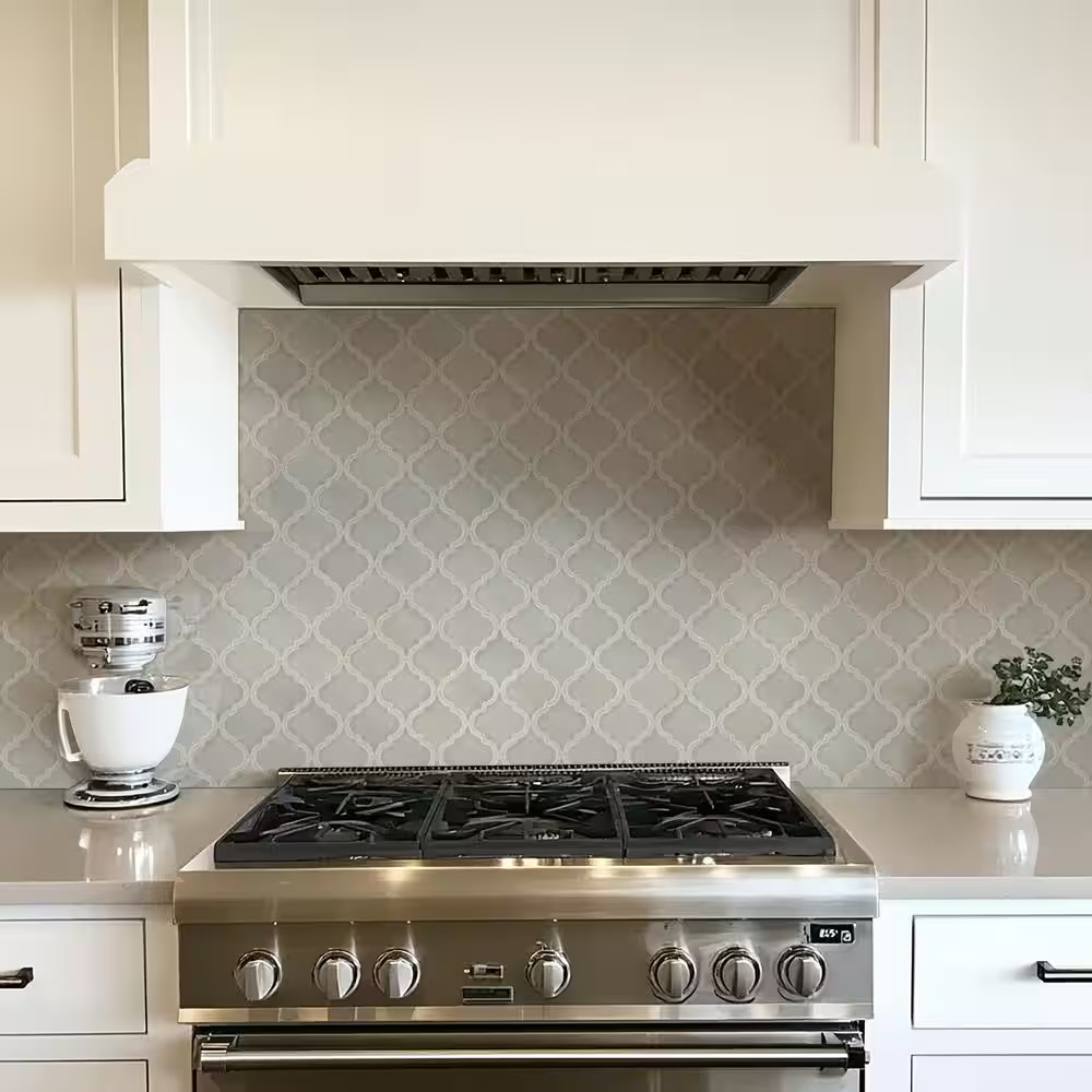 Dove Gray Arabesque 11 In. X 15 In. Crackled Glossy Ceramic Mosaic Kitchen & Bat