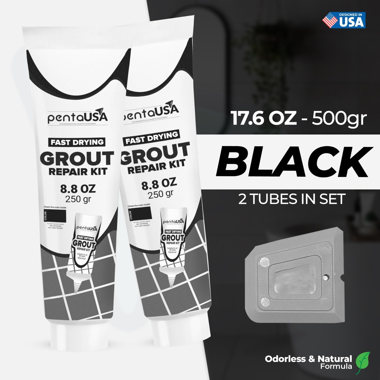 Tile Grout Repair 2-Pack – Black Acrylic Sanded Formula, Water-Resistant, 24-Hou