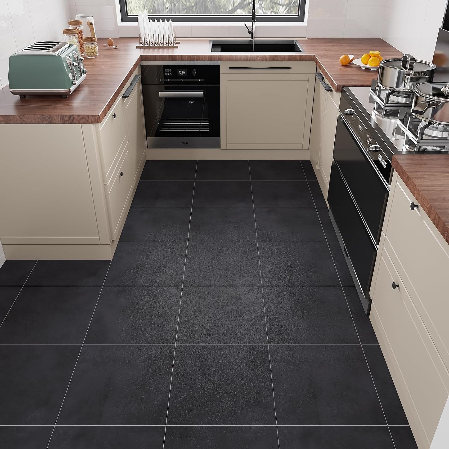 12″x12″ Black Peel and Stick Floor Tiles Black Concrete Vinyl Flooring Tiles