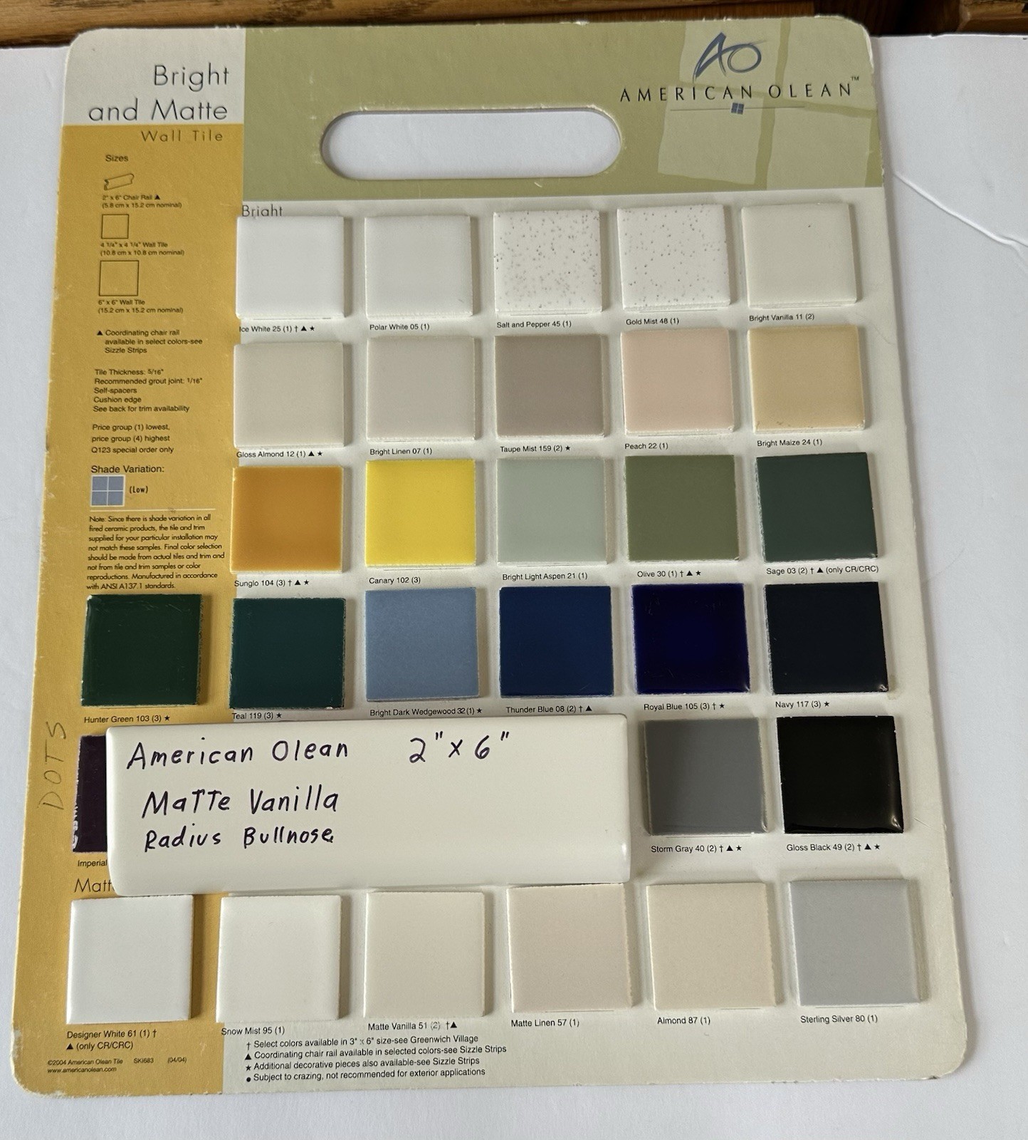 1 pc. Vanilla / off- white: 2″ X 6″ Radius Bullnose Ceramic Tile: American Olean
