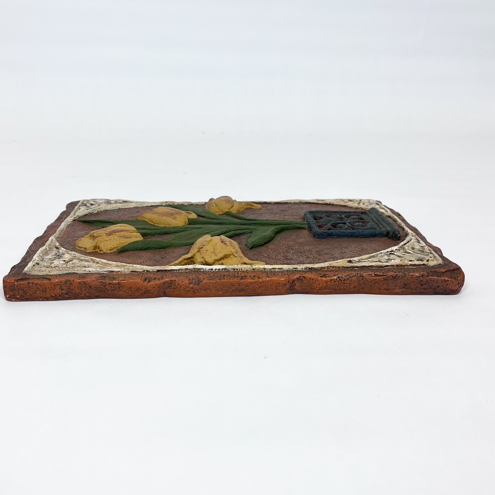 Vintage Hermitage 3-D Wall Tile Hand Painted Yellow Tulips With Border Heavy