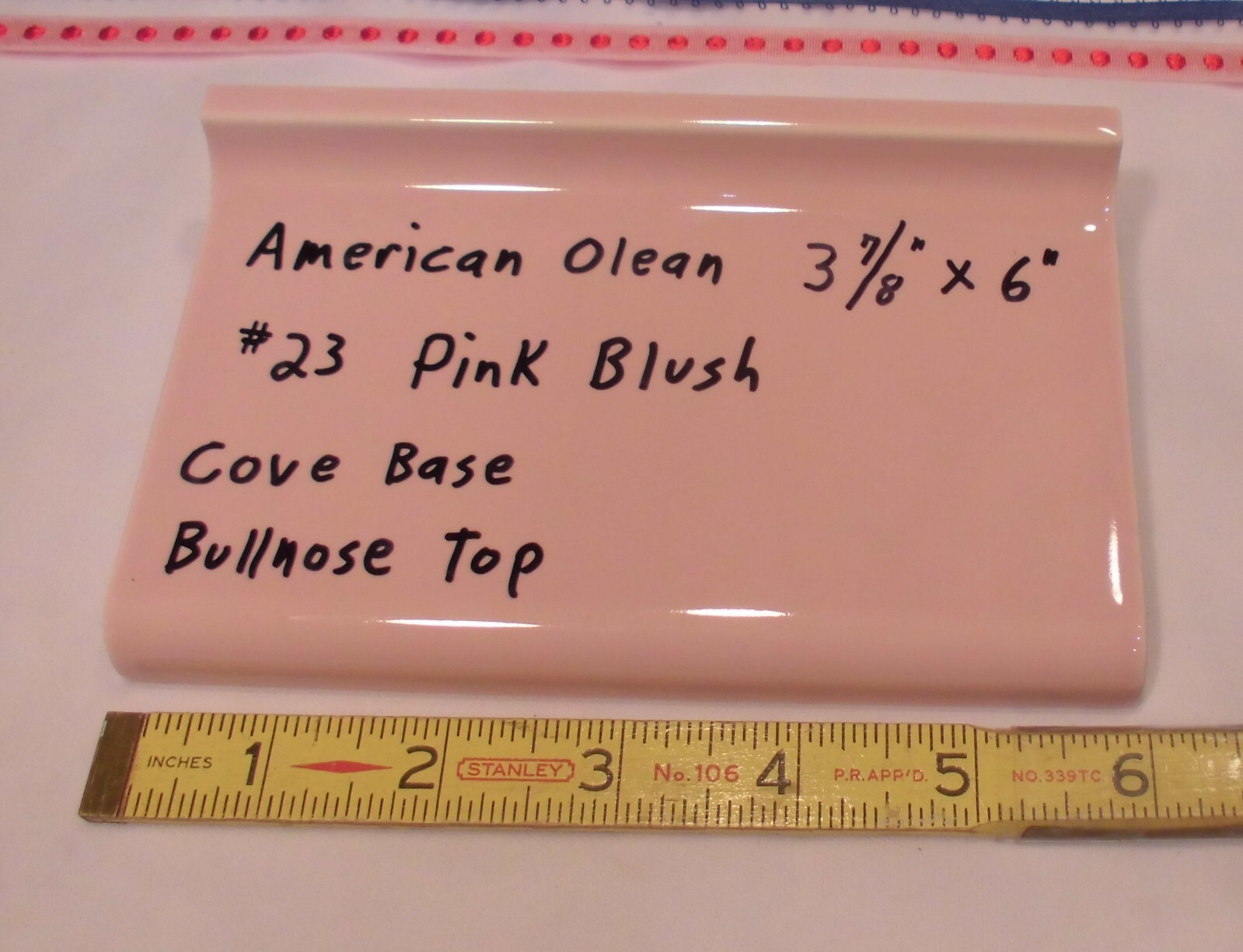 1 pc. Pink Blush #23 Bullnose Top; base/cove Ceramic Tile; 6″ American Olean