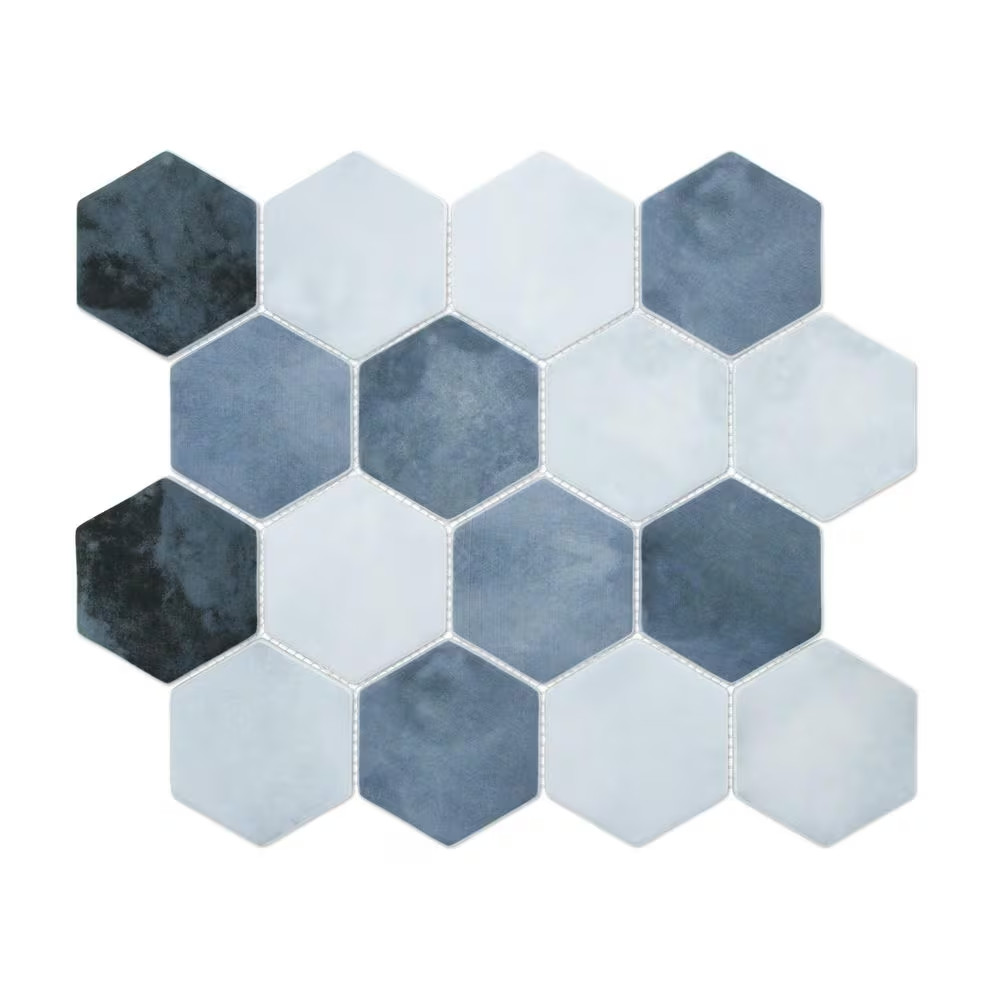 Hexagon Blue Mix 11.8 In. X 10.2 In. Matte Recycled Glass Cement Looks Floor and